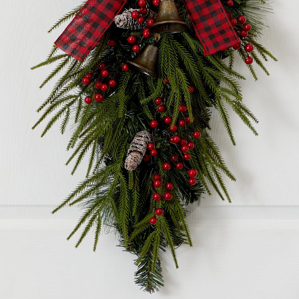 24” Holiday Christmas Pine Cones, Berry and Bells Teardrop