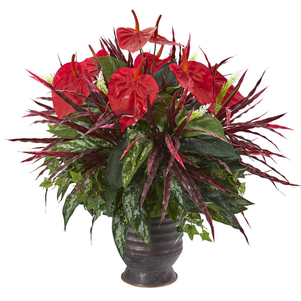 24” Mixed Anthurium Artificial Plant in Ribbed Metal Planter