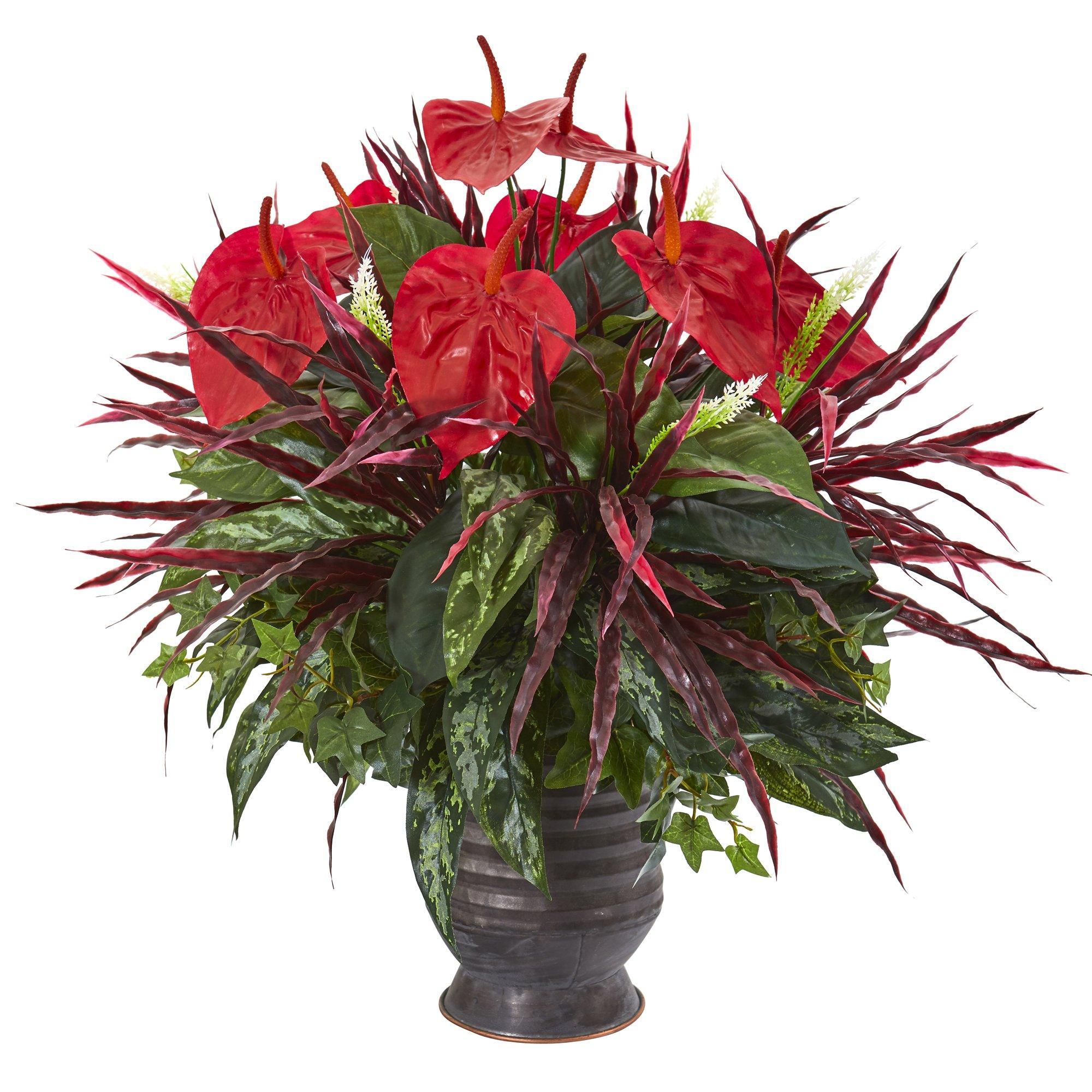 24” Mixed Anthurium Artificial Plant in Ribbed Metal Planter