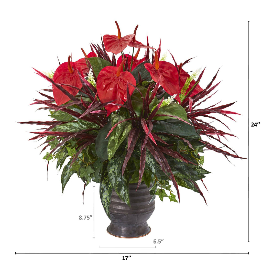 24” Mixed Anthurium Artificial Plant in Ribbed Metal Planter