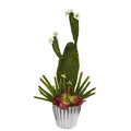 24” Mixed Cactus and Succulent Artificial Plant in White Planter with Silver Trimming