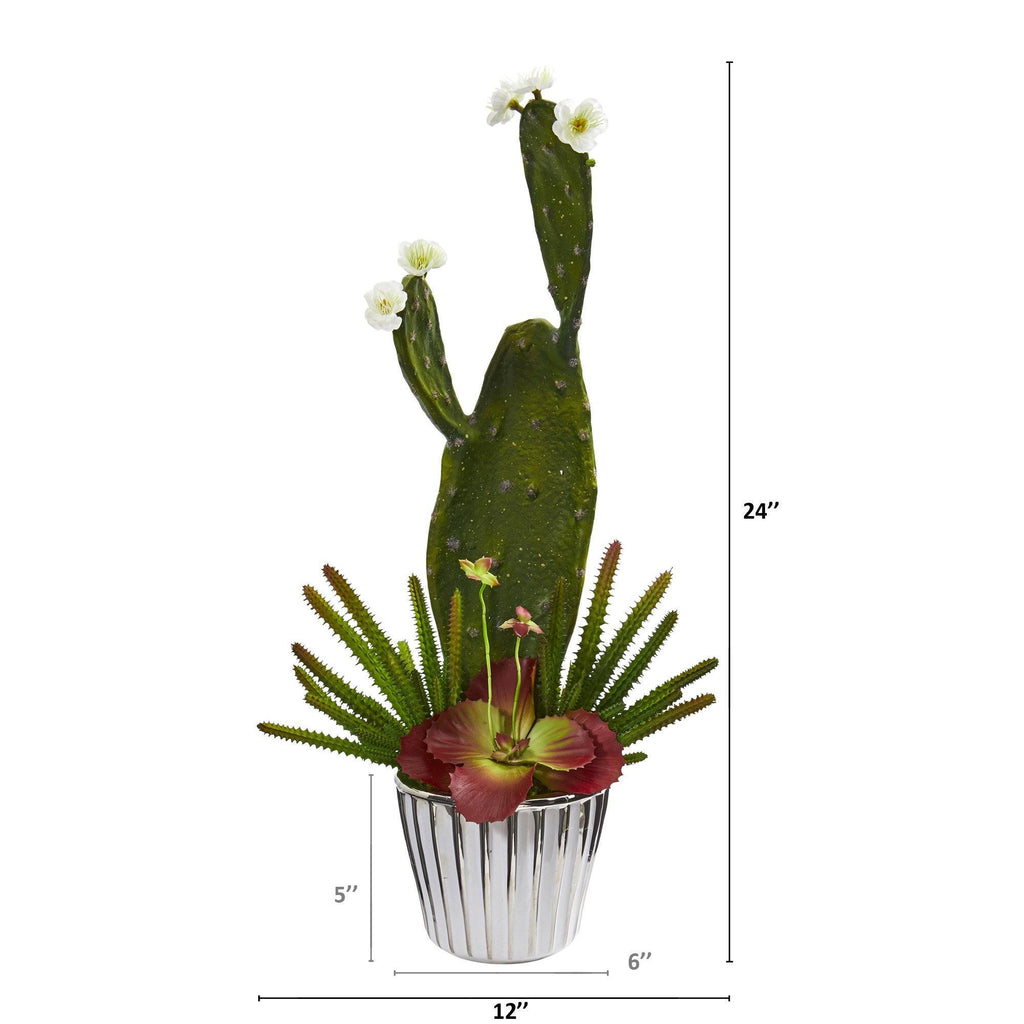24” Mixed Cactus and Succulent Artificial Plant in White Planter with Silver Trimming