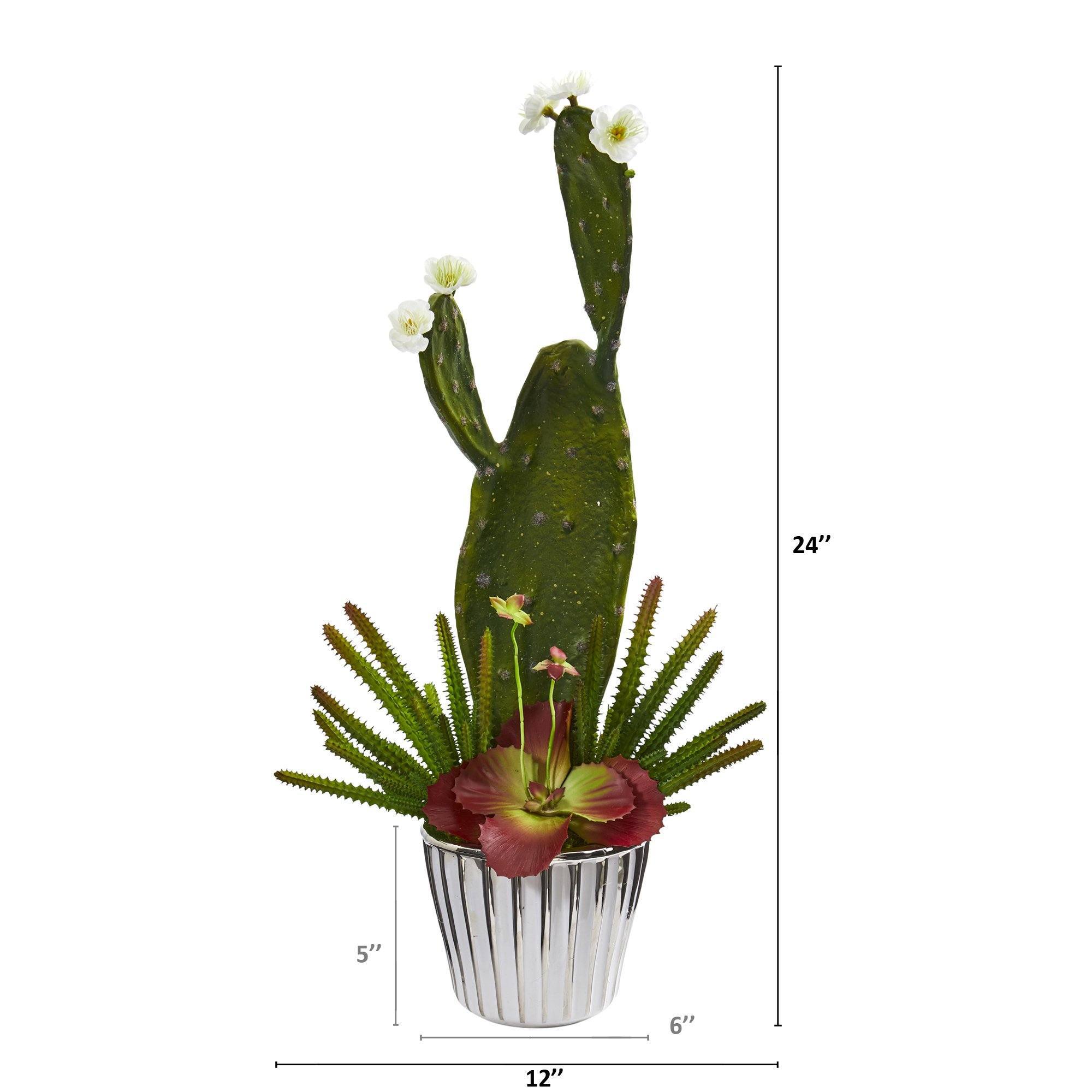 24” Mixed Cactus and Succulent Artificial Plant in White Planter with Silver Trimming