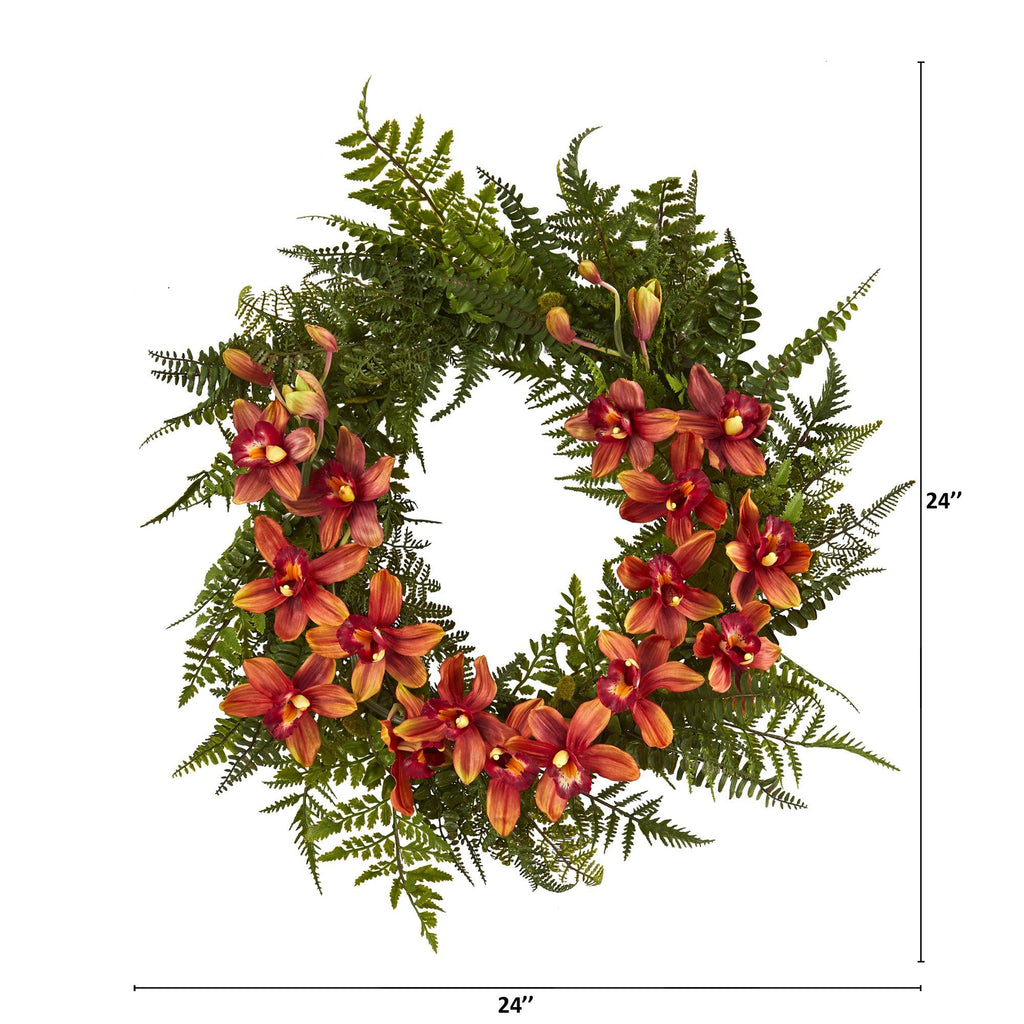 24” Mixed Fern and Cymbidium Orchid Artificial Wreath - Multiple Colors