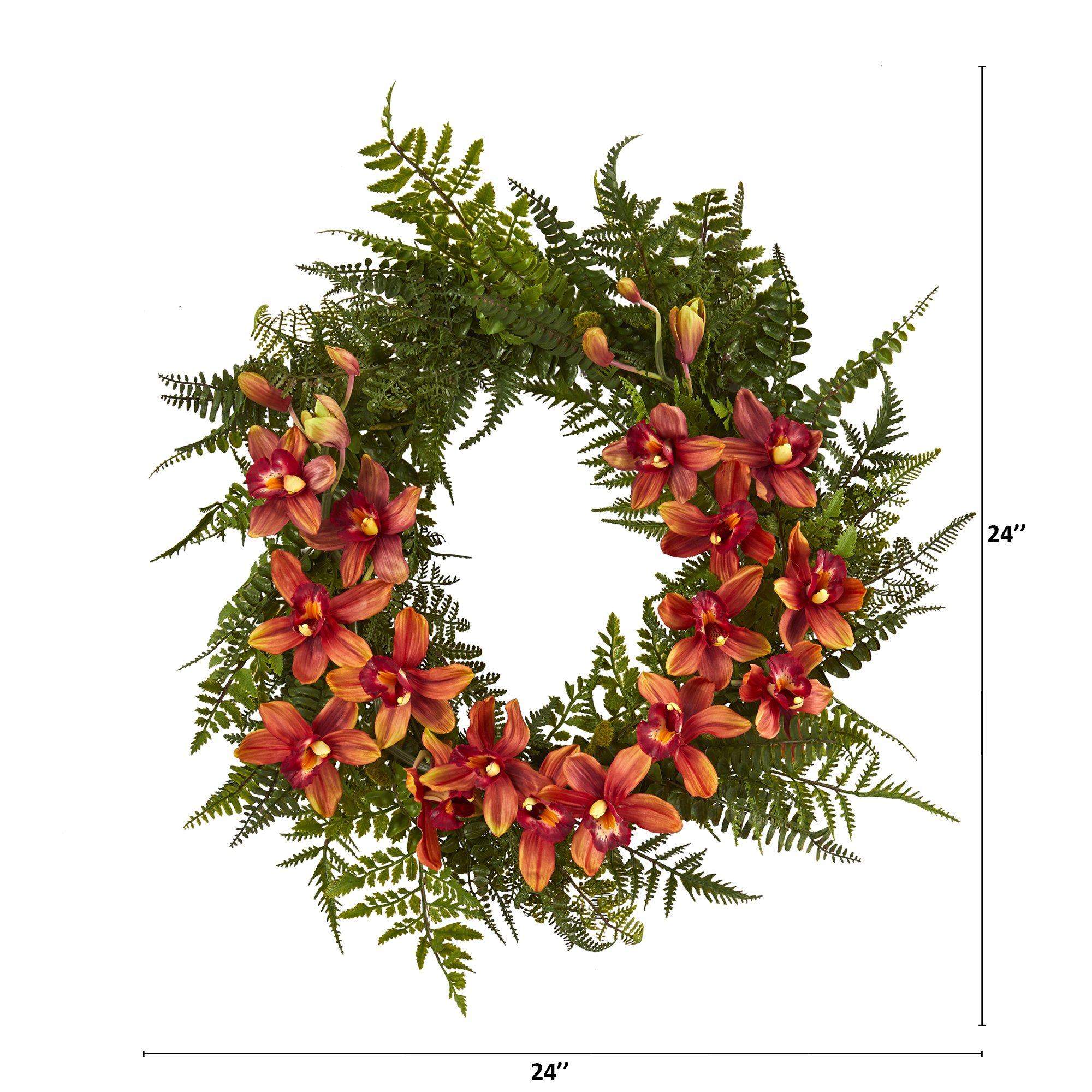 24” Mixed Fern and Cymbidium Orchid Artificial Wreath - Multiple Colors