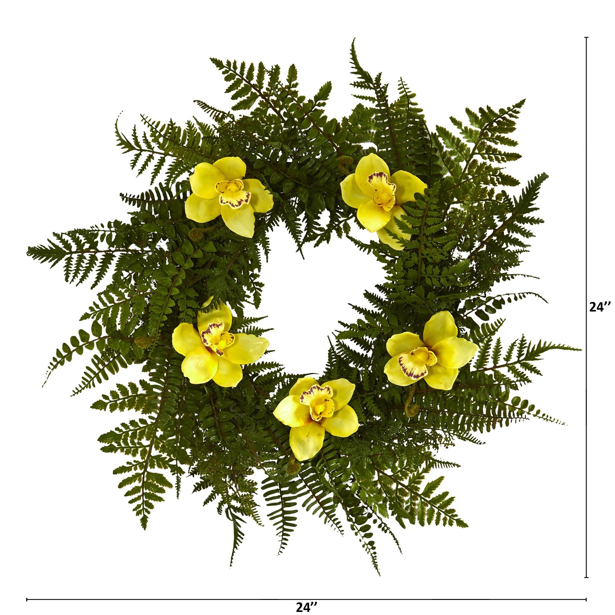 24” Cymbidium Orchid and Mixed Fern Artificial Wreath
