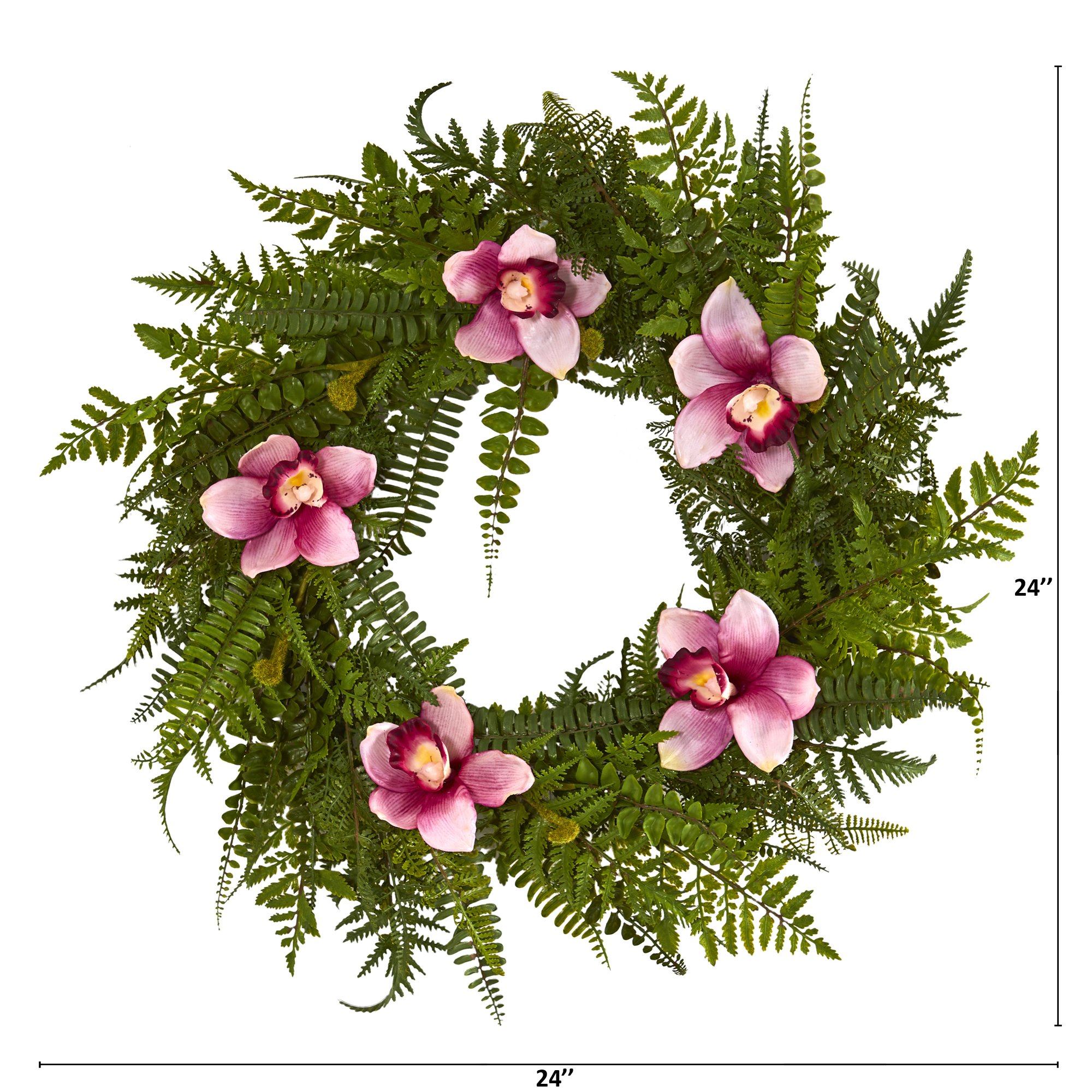 24” Cymbidium Orchid and Mixed Fern Artificial Wreath