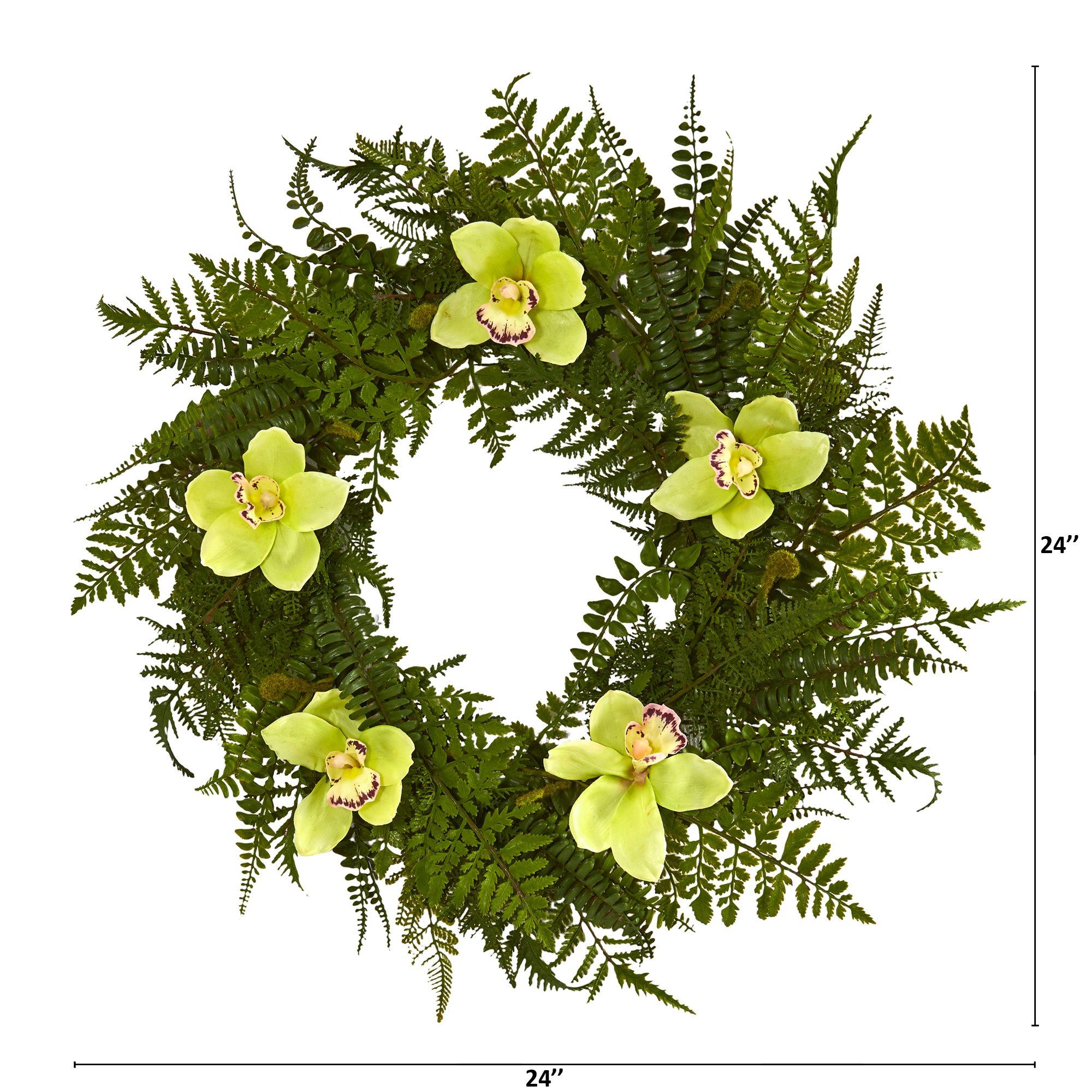 24” Cymbidium Orchid and Mixed Fern Artificial Wreath