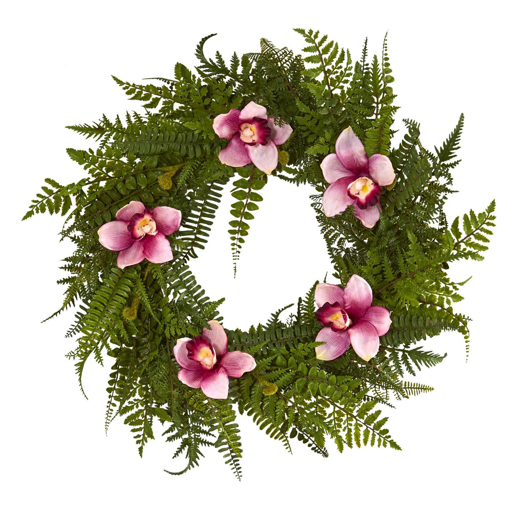 24” Cymbidium Orchid and Mixed Fern Artificial Wreath