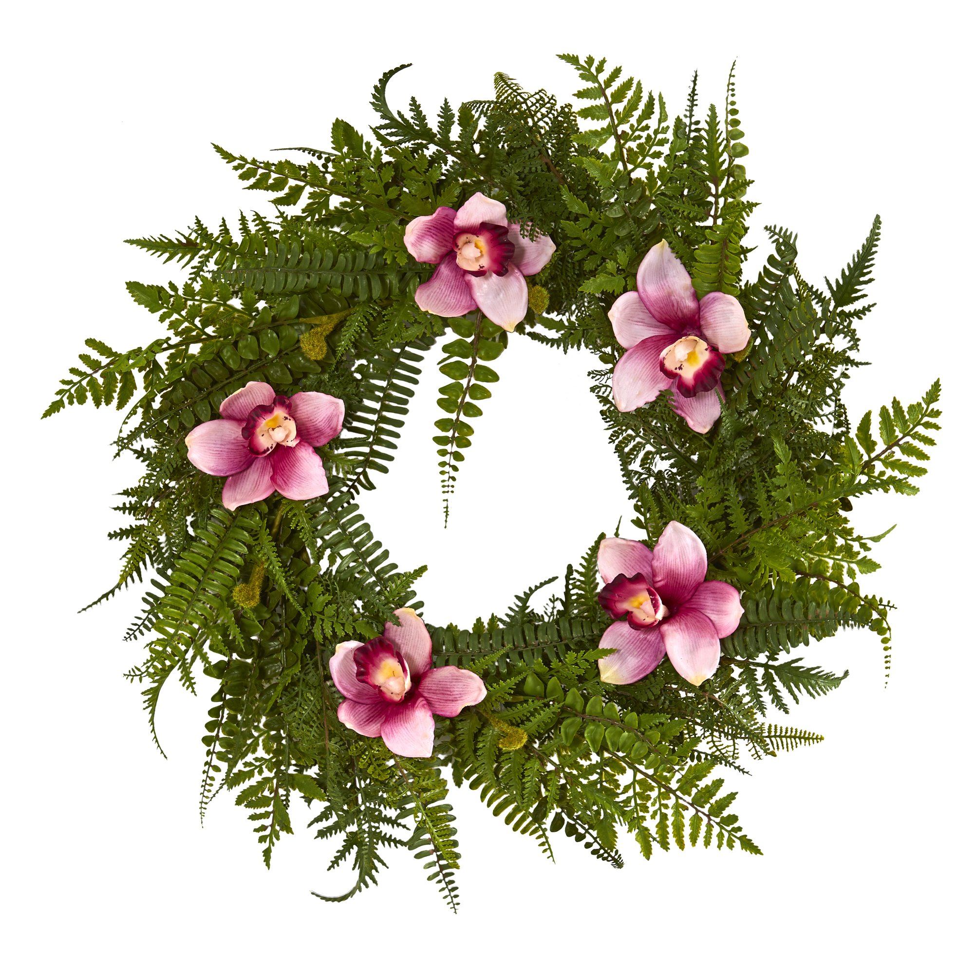 24” Cymbidium Orchid and Mixed Fern Artificial Wreath