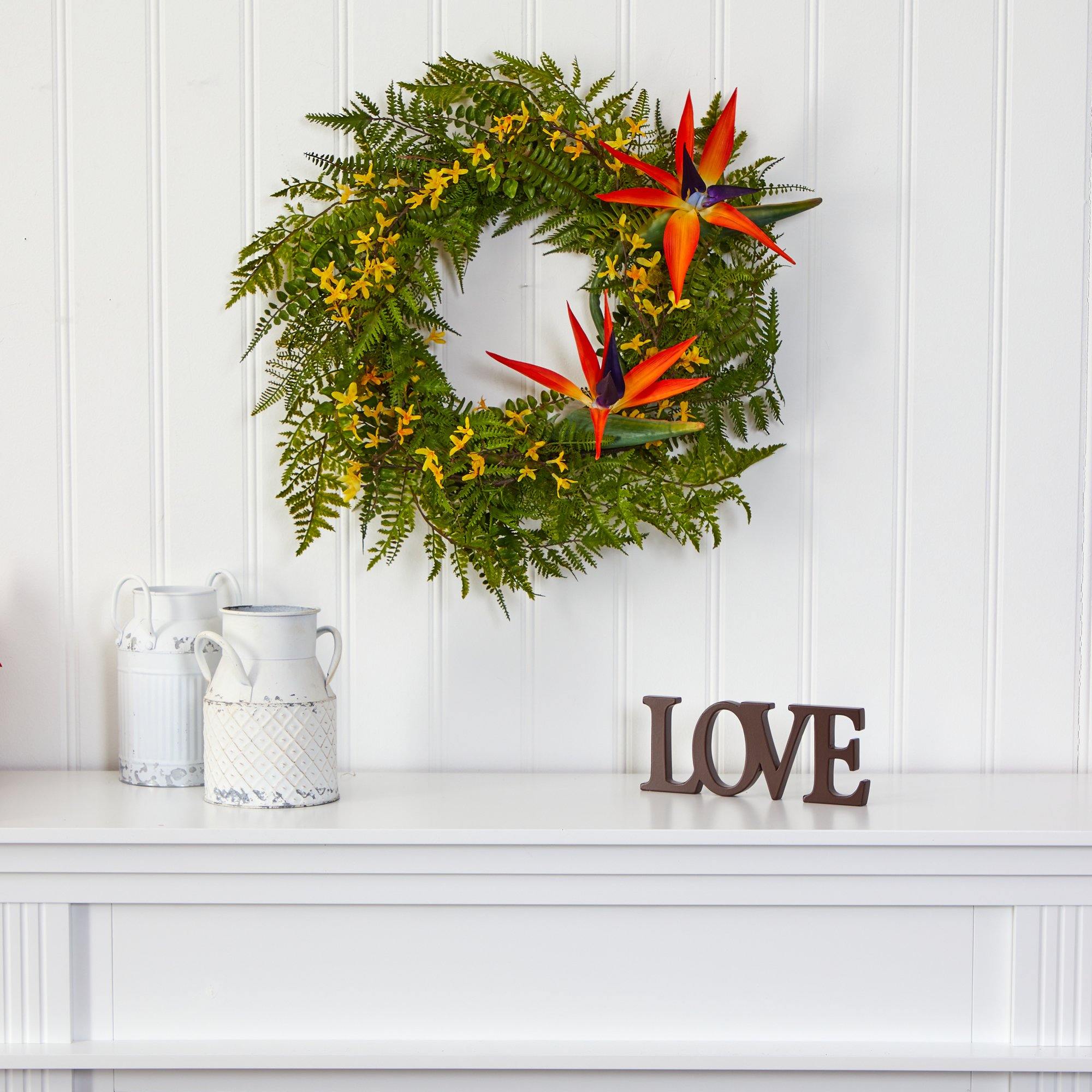 24” Mixed Fern, Forsythia and Bird of Paradise Artificial Wreath
