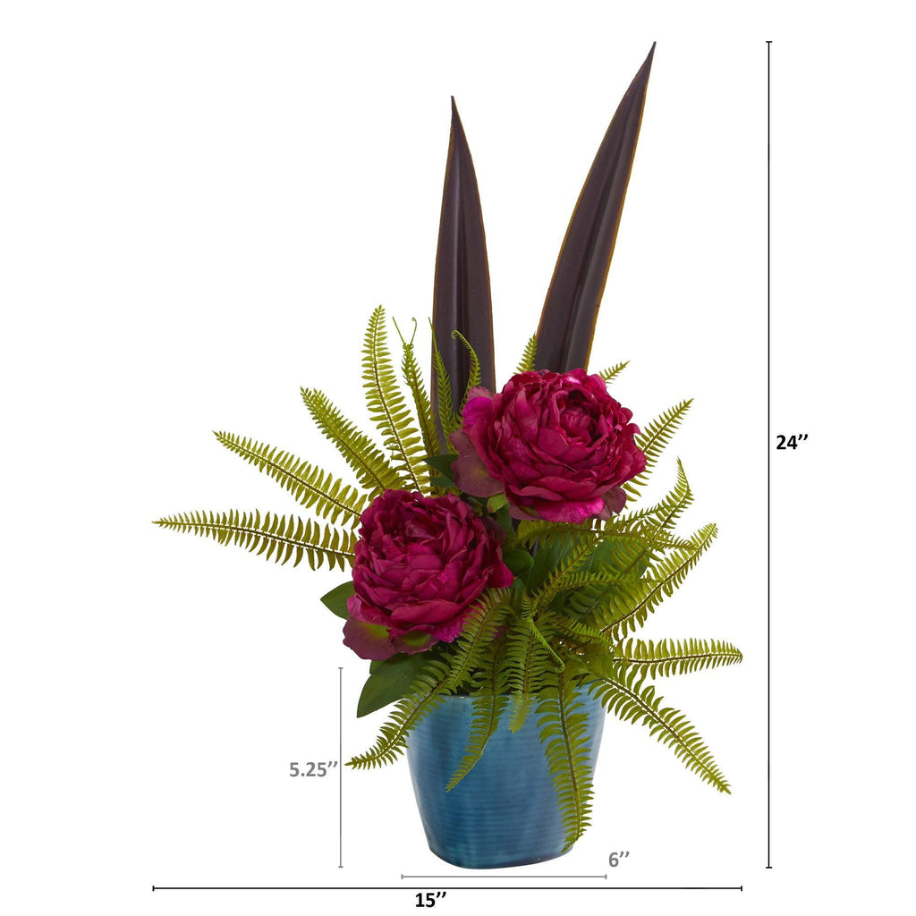 24” Peony and Fern Artificial Arrangement in Blue Vase