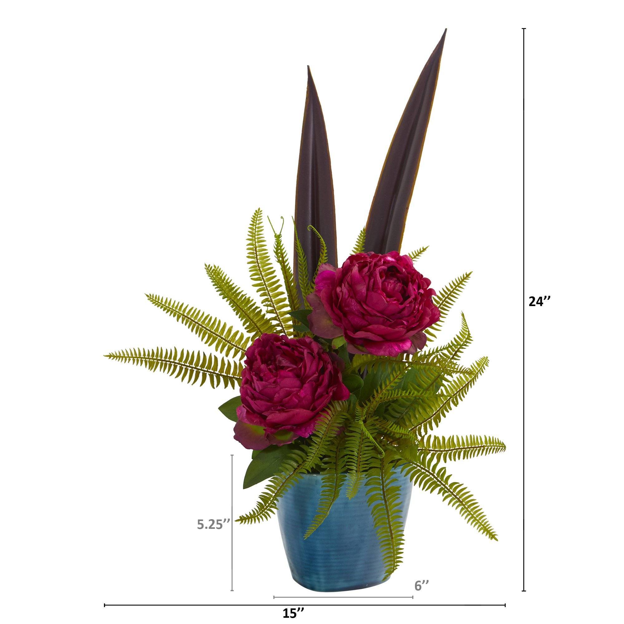 24” Peony and Fern Artificial Arrangement in Blue Vase