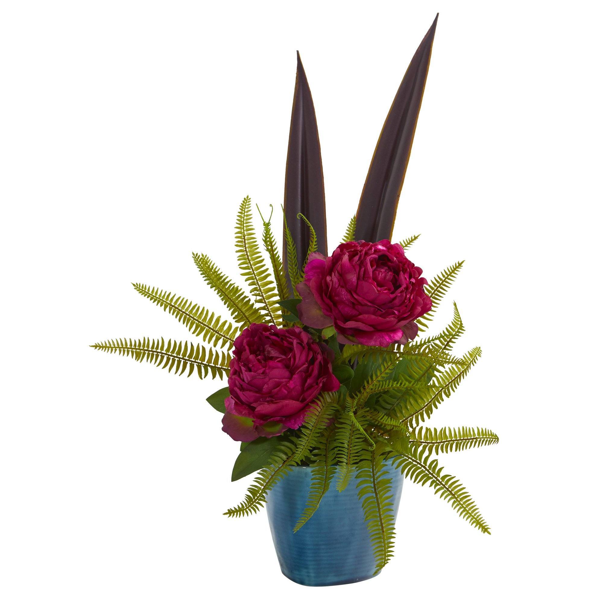 24” Peony and Fern Artificial Arrangement in Blue Vase
