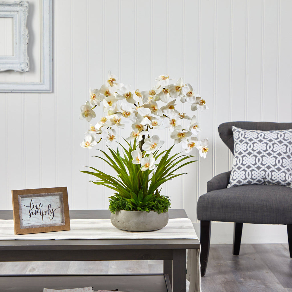 24” Phalaenopsis Orchid and Agave Artificial Arrangement in Gray Vase