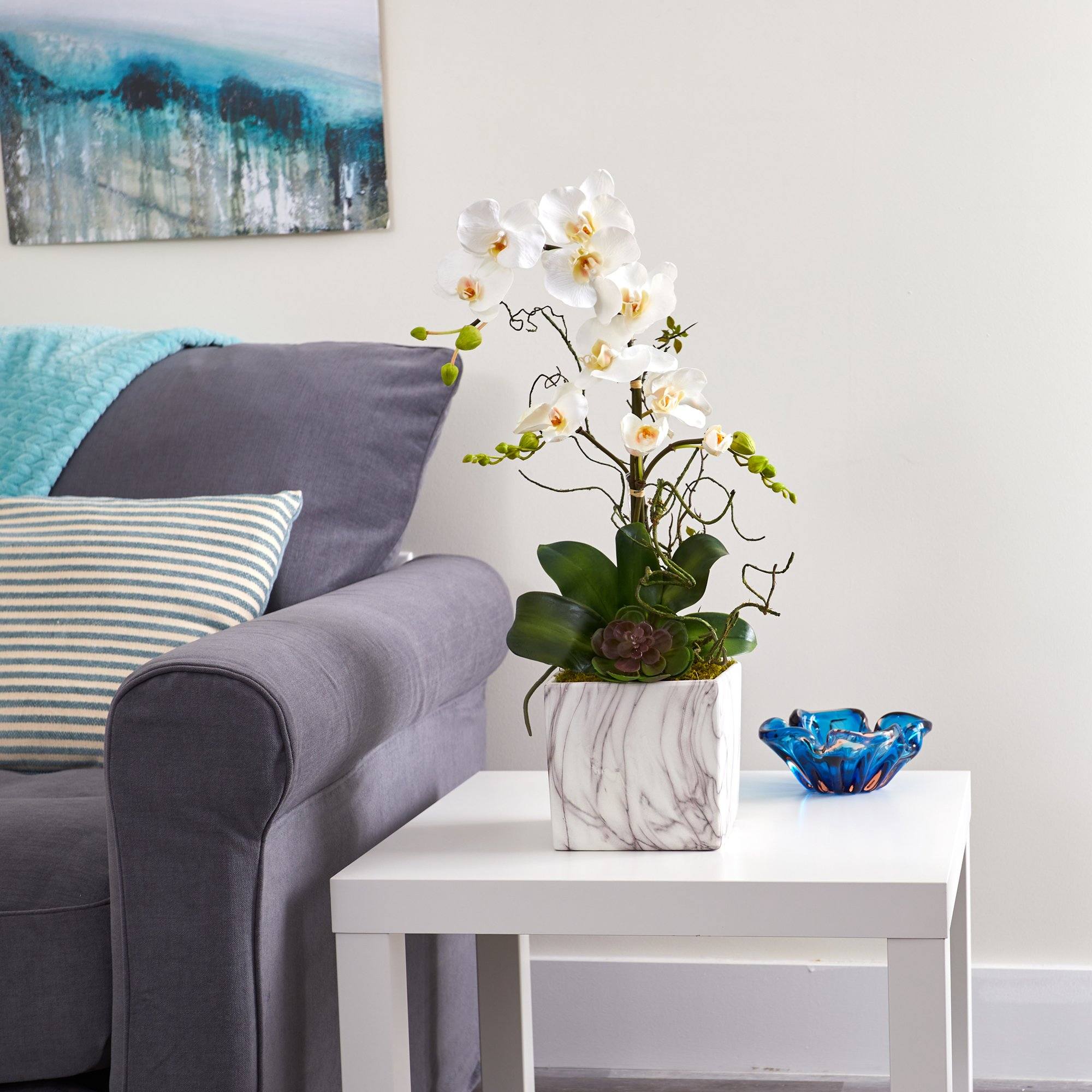 24” Phalaenopsis Orchid and Echeveria Succulent Artificial Arrangement in Marble Finished Vase