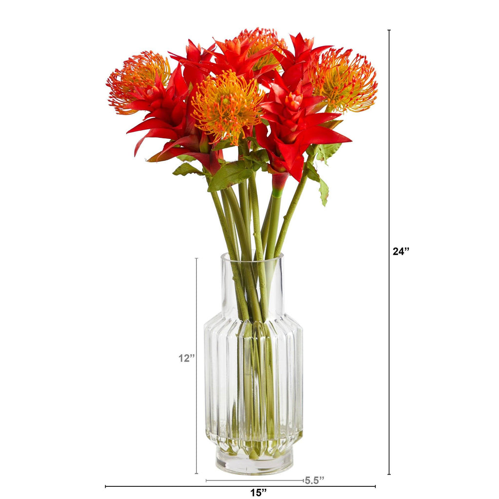24” Pincushion and Star Bromeliad Artificial Arrangement in Glass Vase
