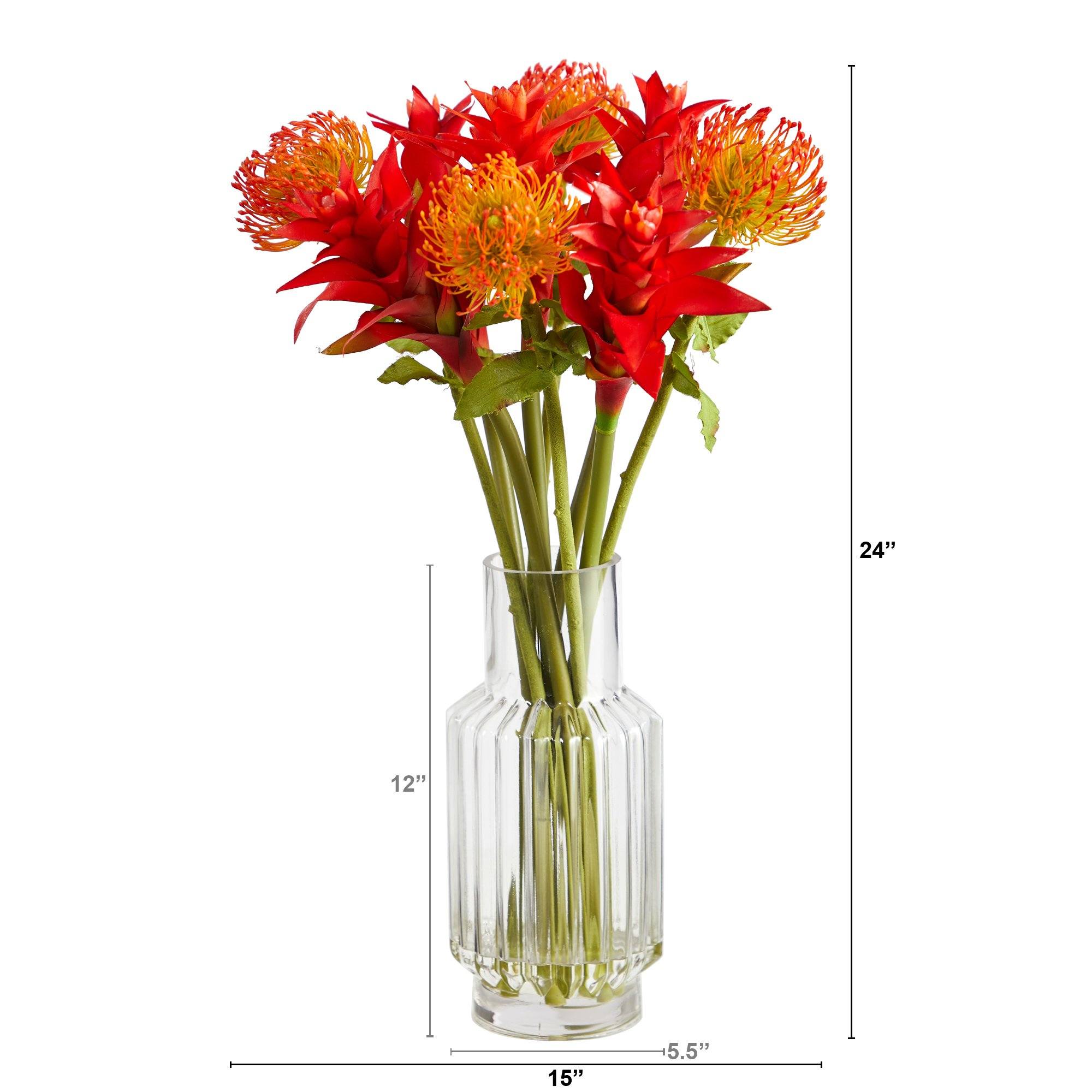 24” Pincushion and Star Bromeliad Artificial Arrangement in Glass Vase