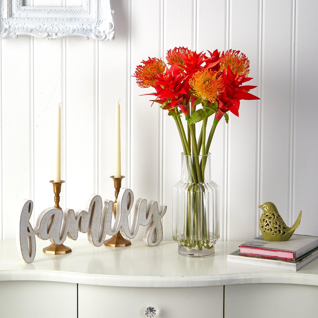 24” Pincushion and Star Bromeliad Artificial Arrangement in Glass Vase