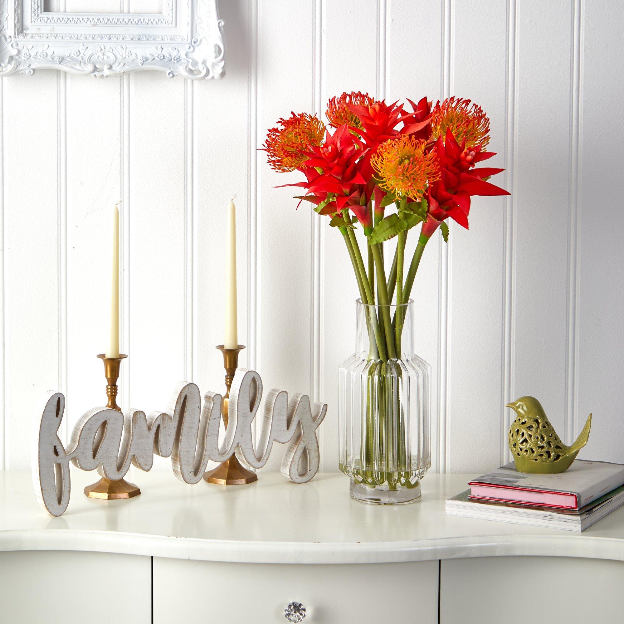 24” Pincushion and Star Bromeliad Artificial Arrangement in Glass Vase