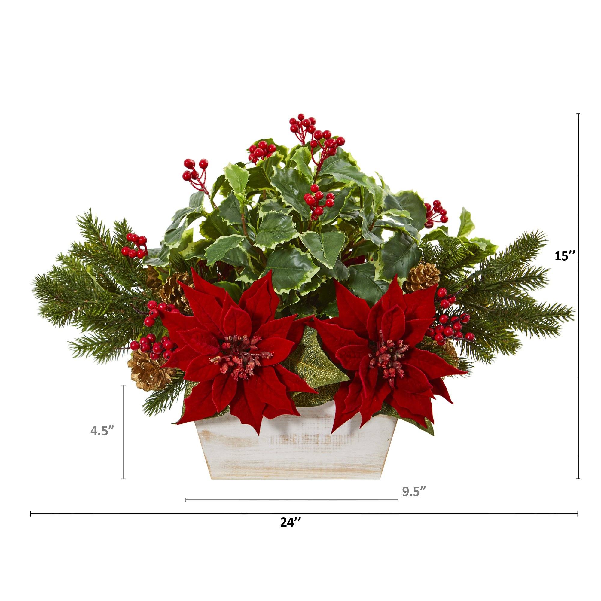 24” Poinsettia, Holly, Berry and Pine Artificial Arrangement in Planter