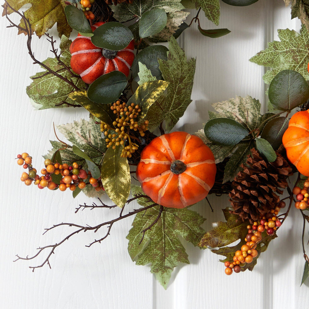 24” Pumpkins, Pine Cones and Berries Fall Artificial Wreath