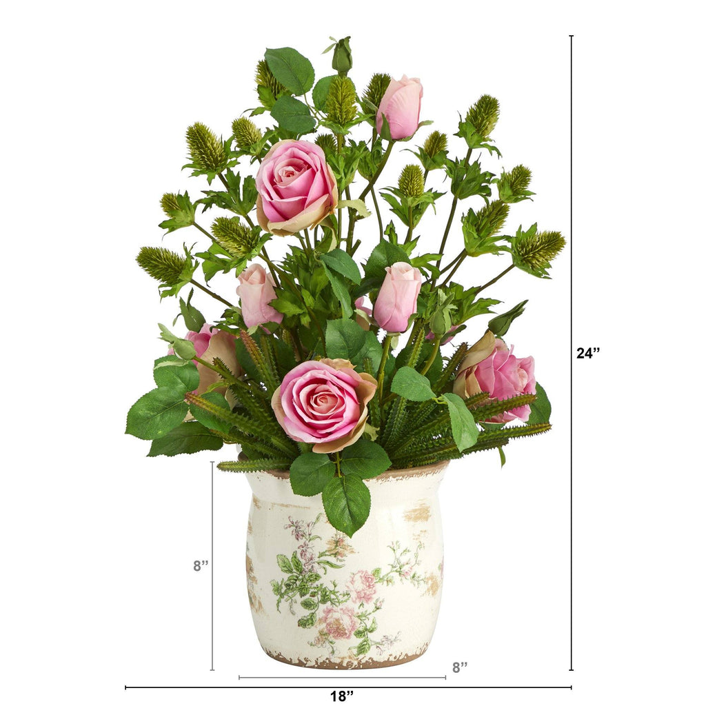 24” Rose, Thistle and Succulent Artificial Arrangement in Floral Vase