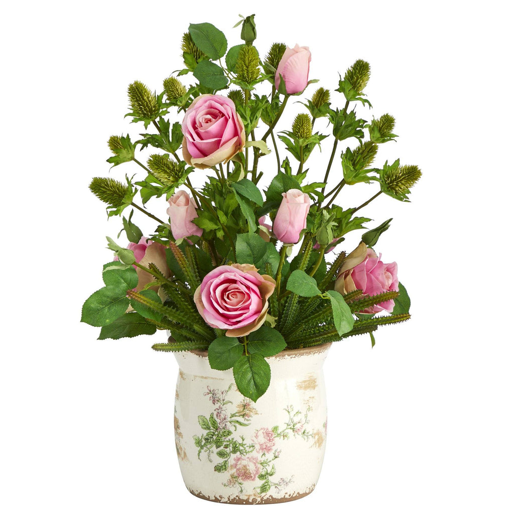 24” Rose, Thistle and Succulent Artificial Arrangement in Floral Vase