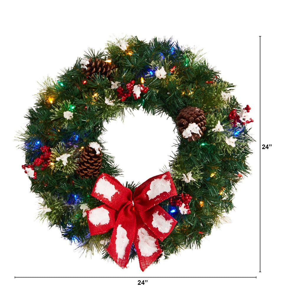 24” Snow Tipped Berry and Pinecone Artificial Wreath with Bow and 50 Multi-Colored LED Lights