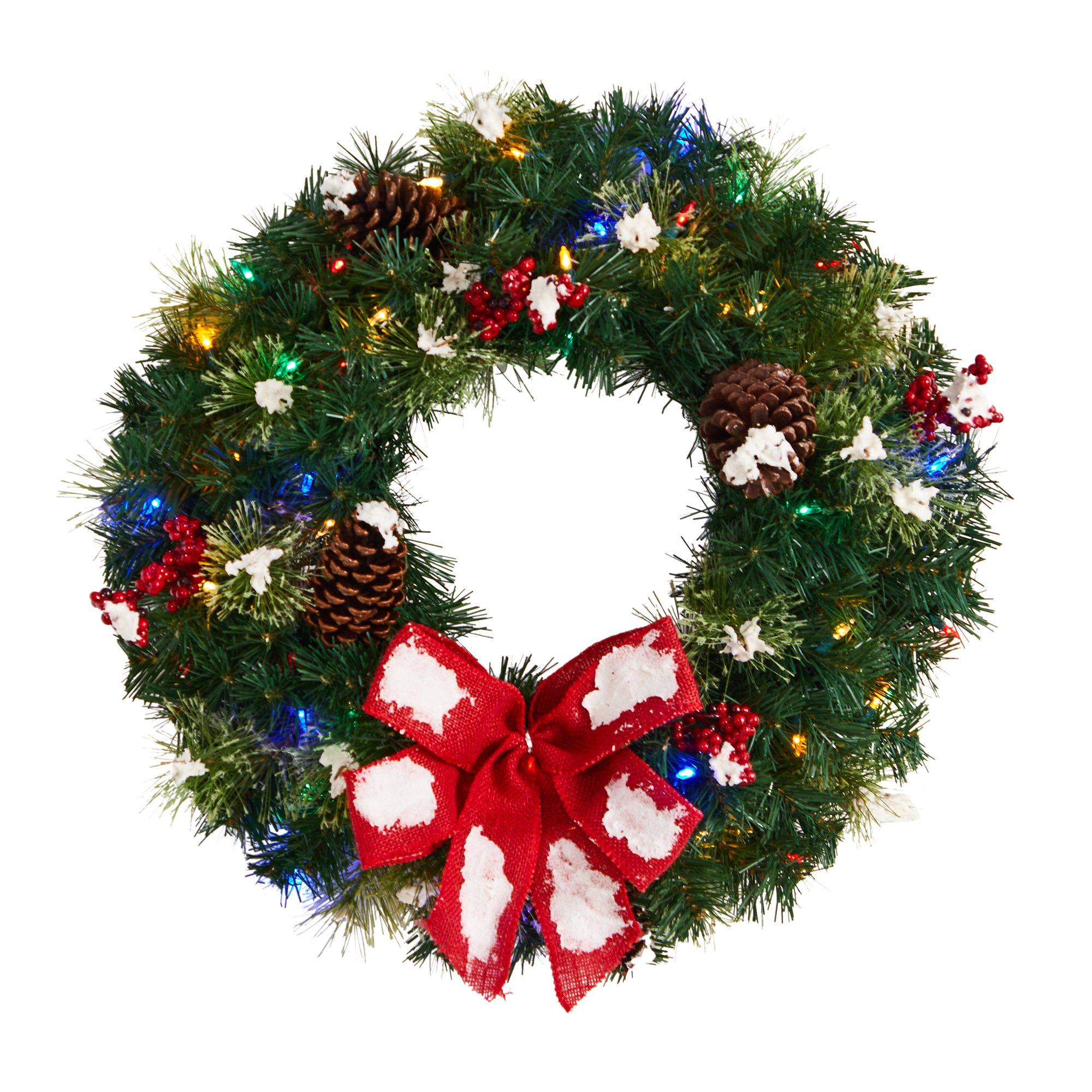 24” Snow Tipped Berry and Pinecone Artificial Wreath with Bow and 50 Multi-Colored LED Lights