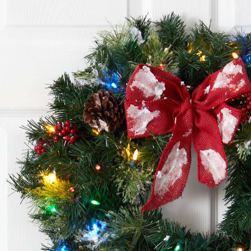 24” Snow Tipped Berry and Pinecone Artificial Wreath with Bow and 50 Multi-Colored LED Lights