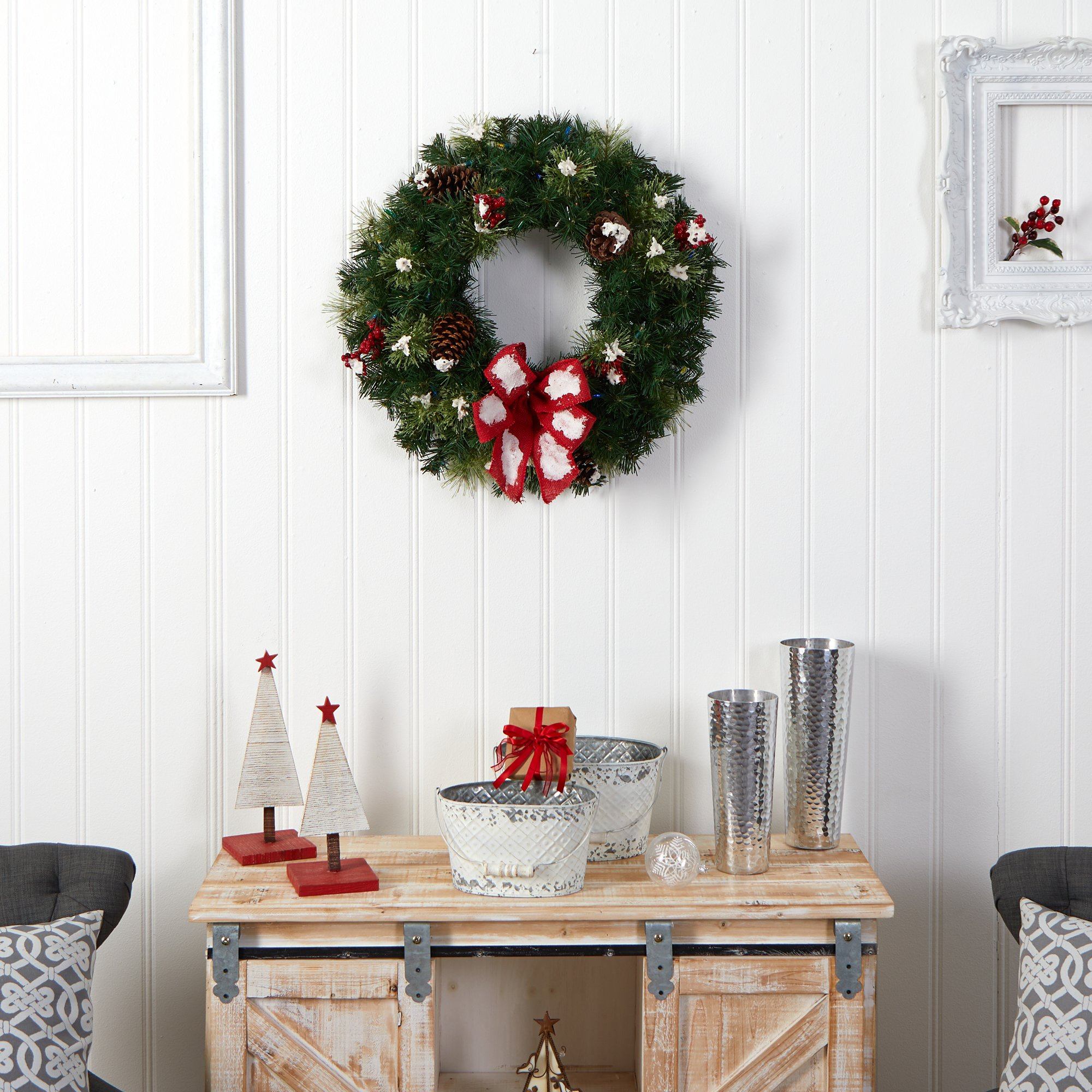 24” Snow Tipped Berry and Pinecone Artificial Wreath with Bow and 50 Multi-Colored LED Lights