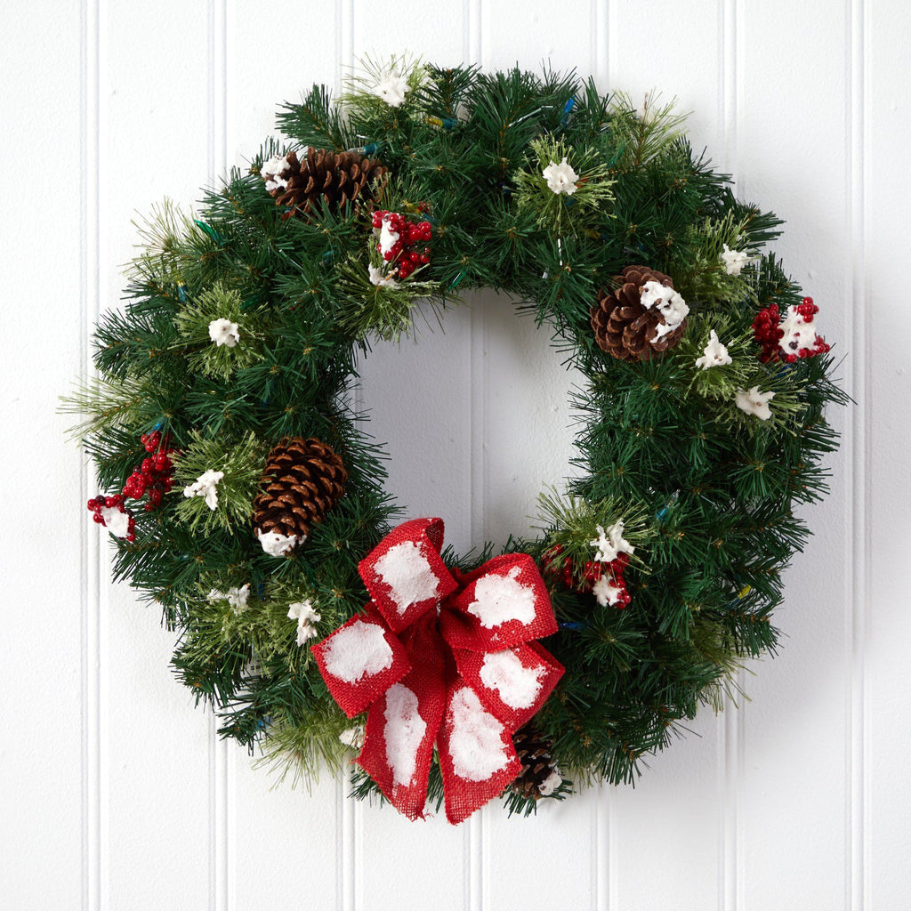 24” Snow Tipped Berry and Pinecone Artificial Wreath with Bow and 50 Multi-Colored LED Lights
