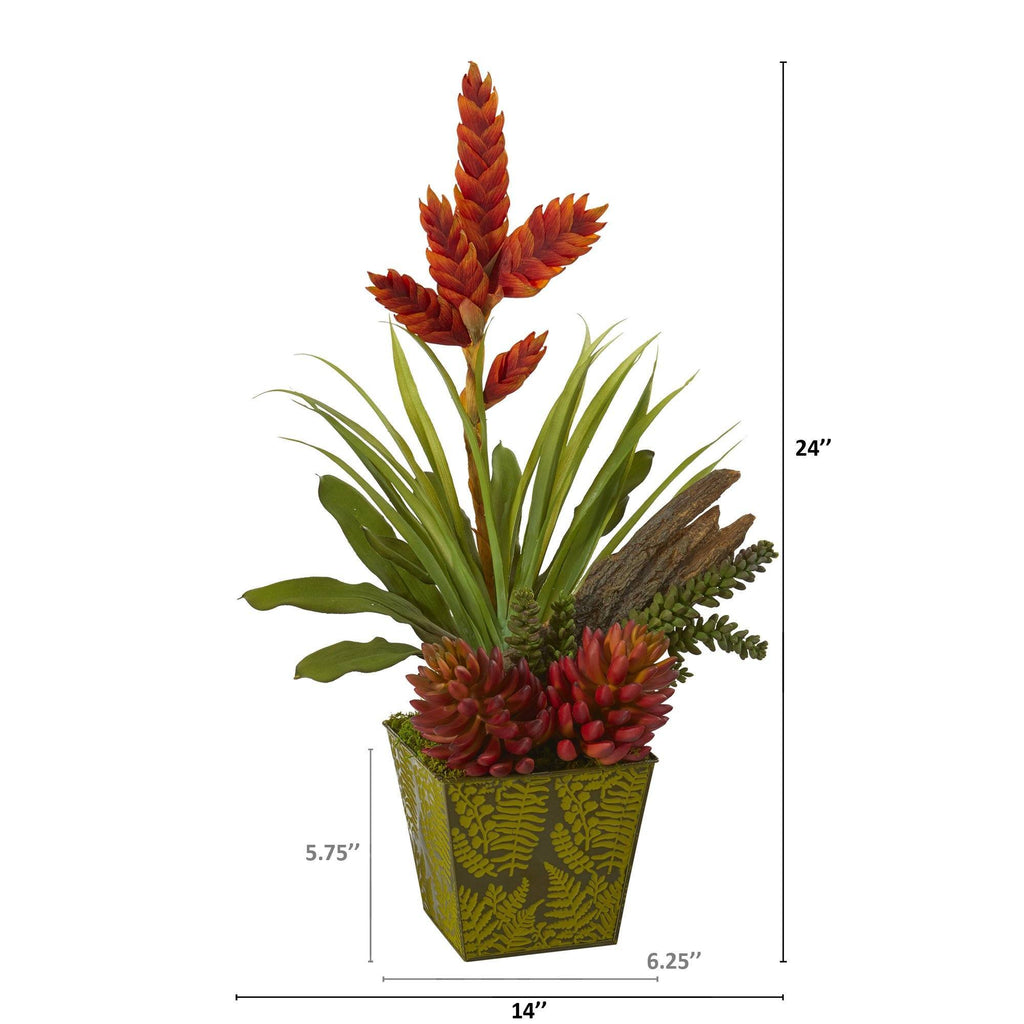 24” Succulent and Bromeliad Artificial Plant in Green Planter