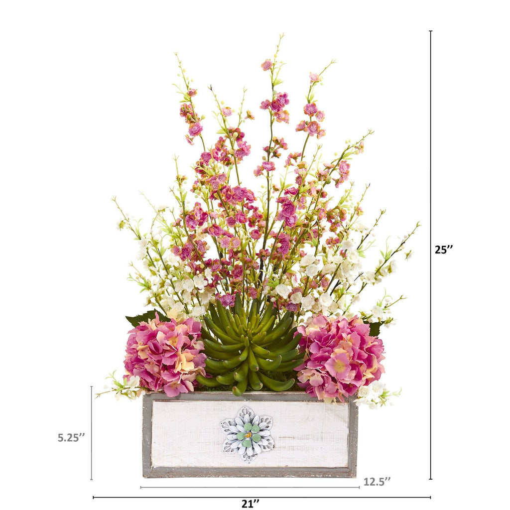 25” Cherry Blossom, Hydrangea and Succulent Artificial Arrangement in Decorative Wood Vase