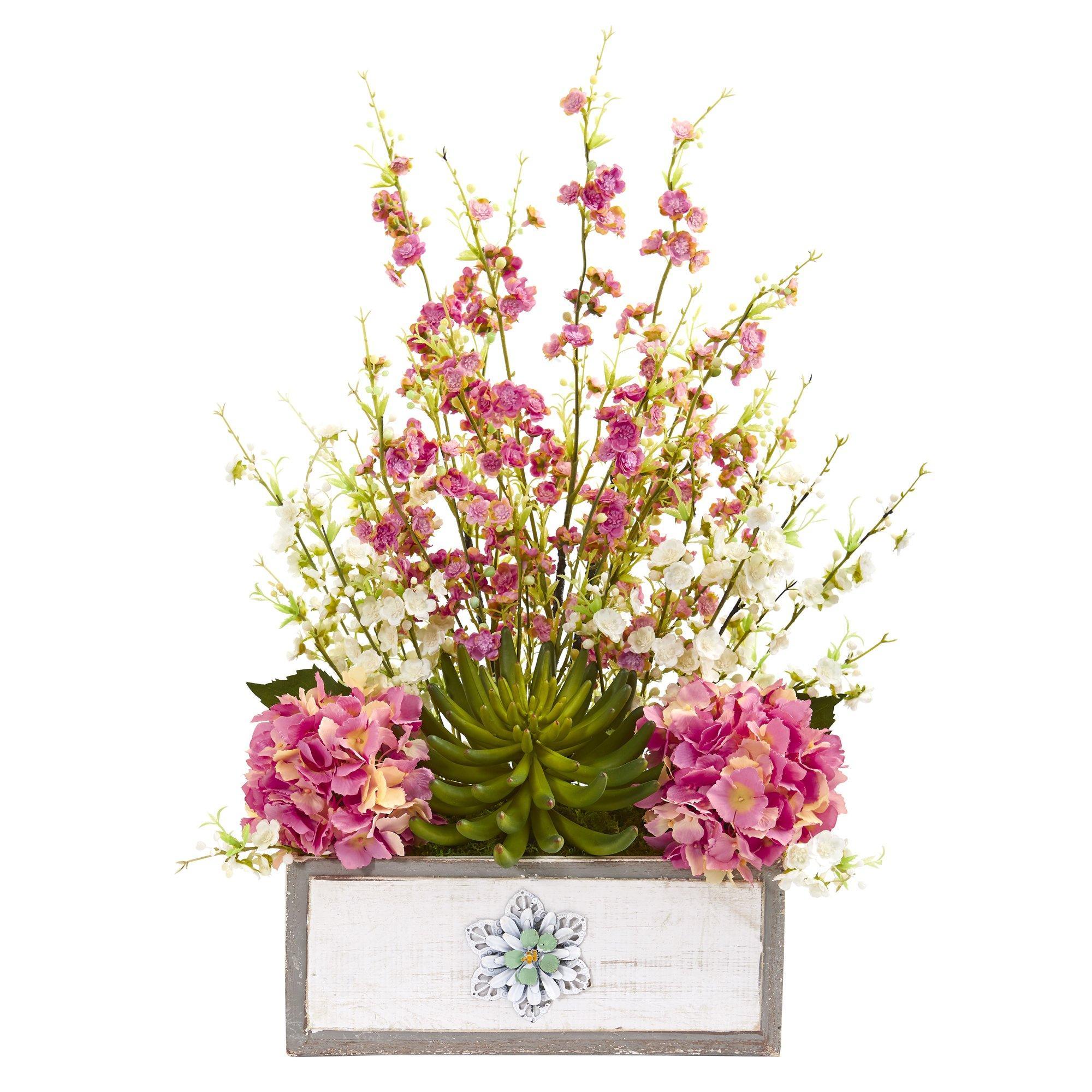 25” Cherry Blossom, Hydrangea and Succulent Artificial Arrangement in Decorative Wood Vase