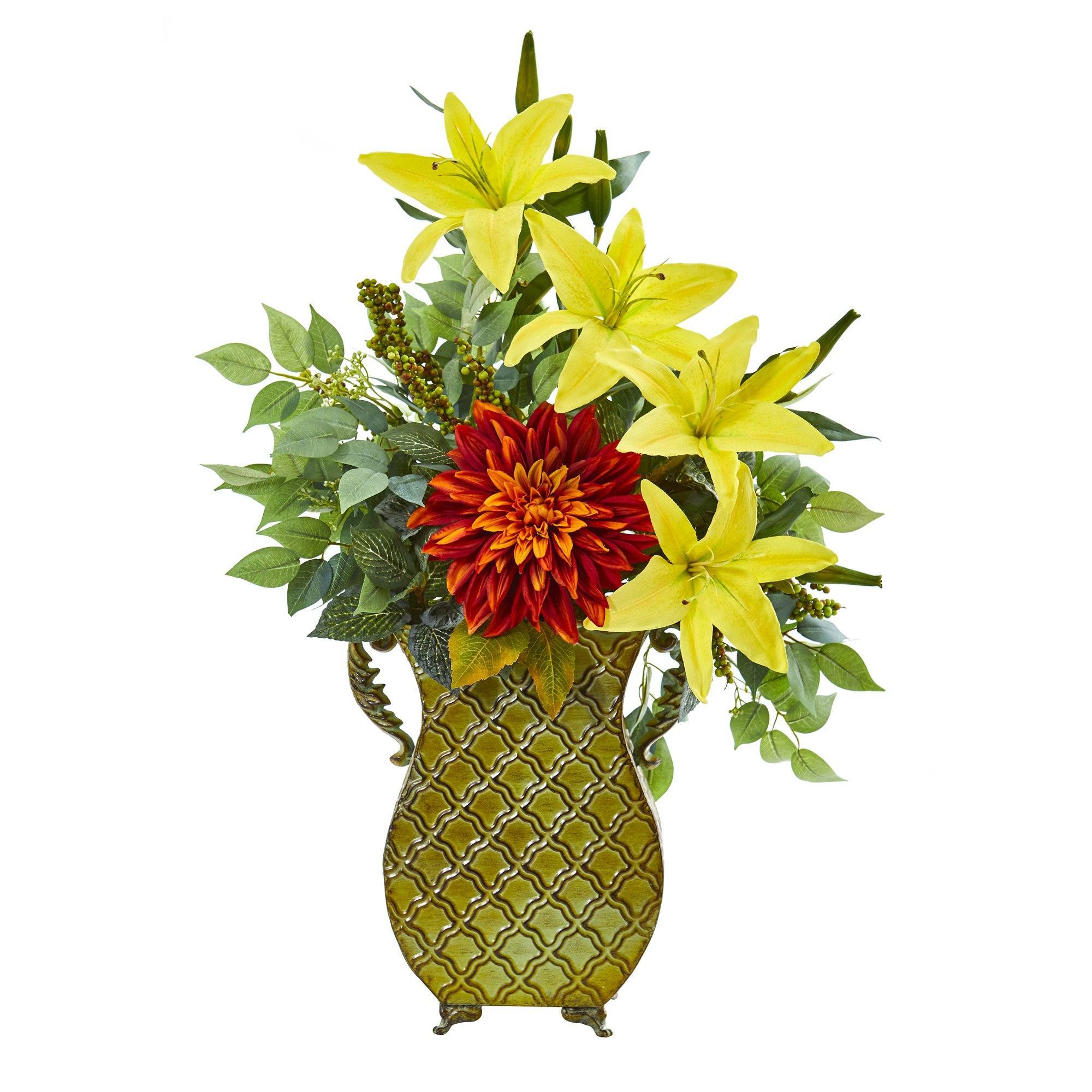 25” Dahlia, Lily and Ficus Artificial Plant in Metal Planter