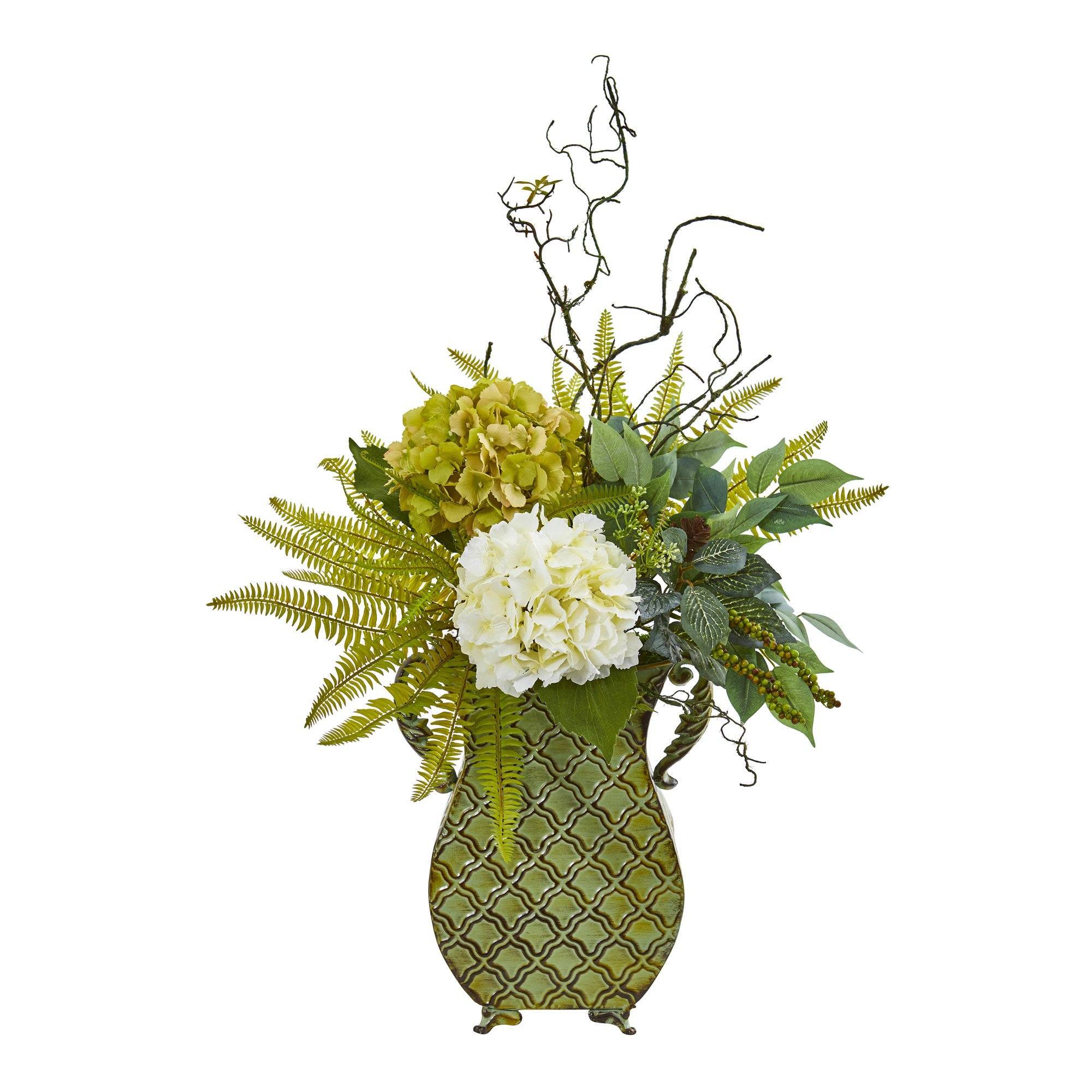 25” Hydrangea, Ficus, and Fern Artificial Plant in Metal Planter