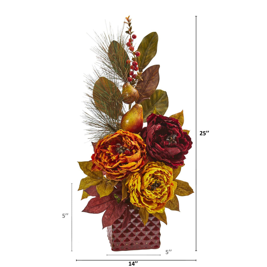 25” Peony, Pear and Magnolia Leaf Artificial Arrangement in Red Vase
