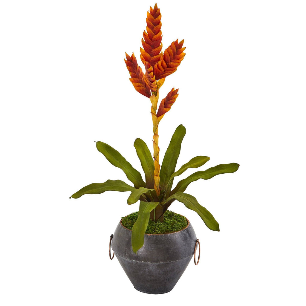 25” Tropical Bromeliad Artificial Plant in Metal Bowl