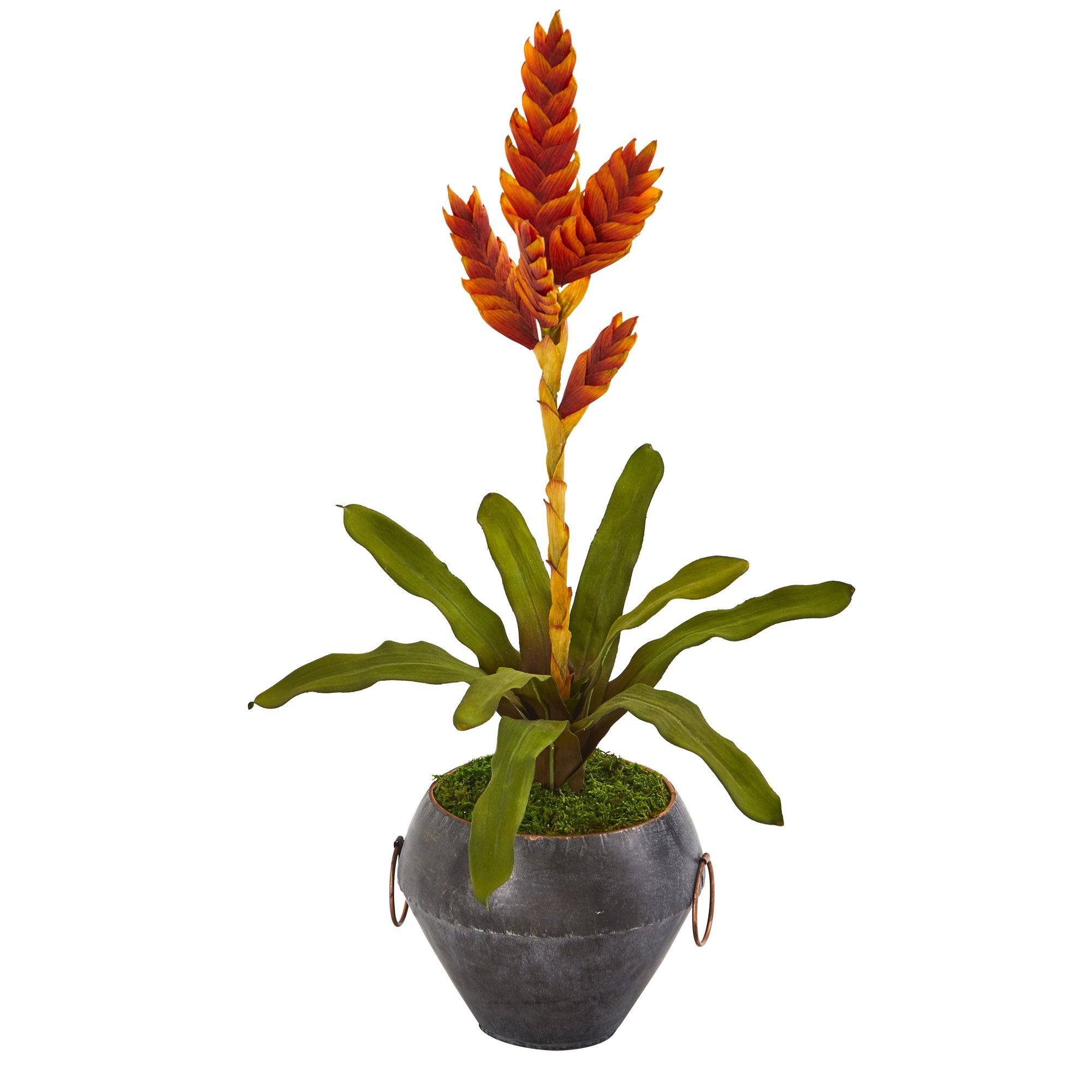 25” Tropical Bromeliad Artificial Plant in Metal Bowl