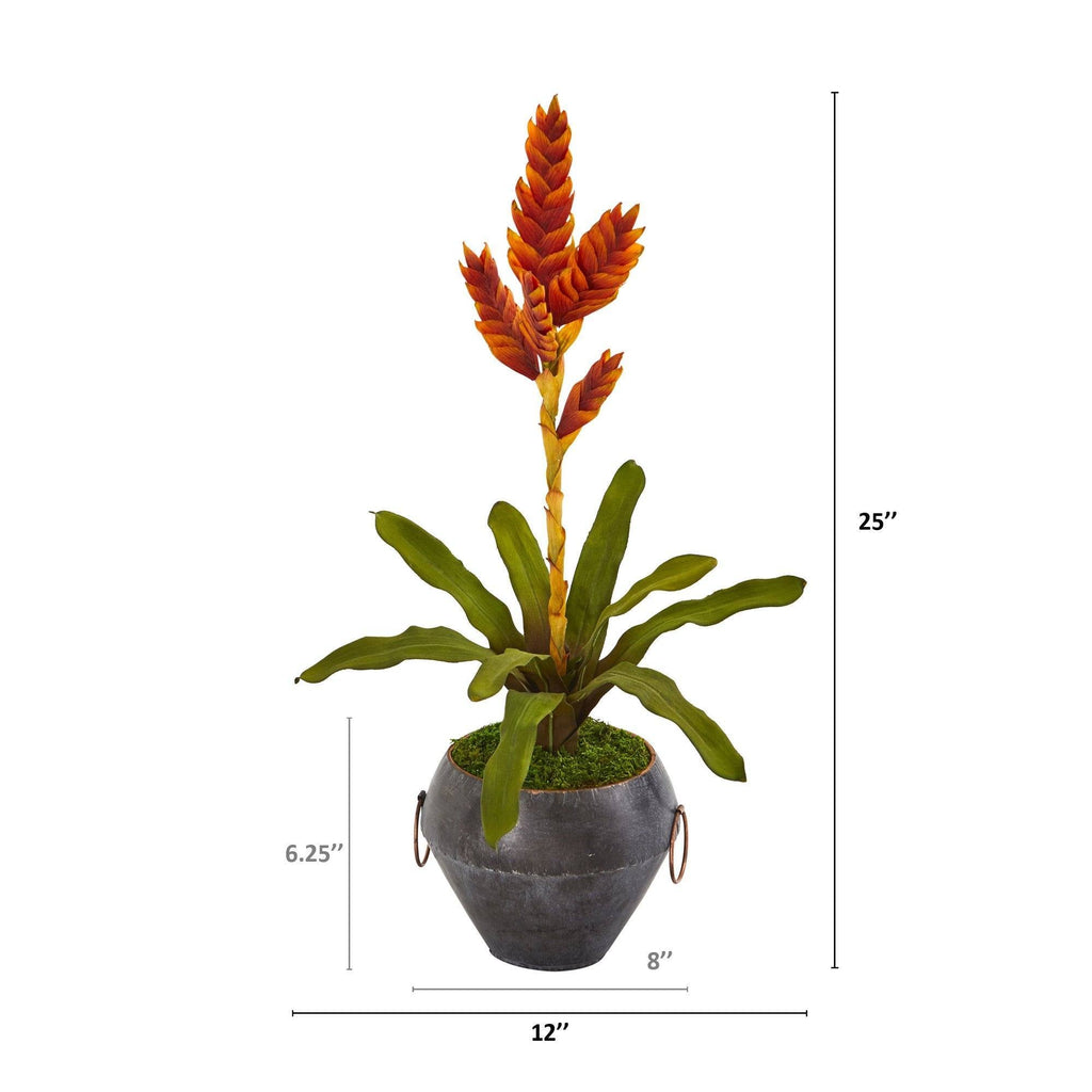 25” Tropical Bromeliad Artificial Plant in Metal Bowl