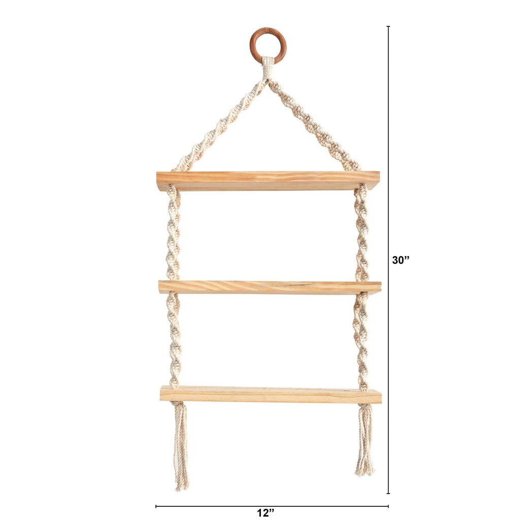 2.5’ x 1’ Three Tier Handmade Boho Macrame Wall Hanging with Wooden Shelf