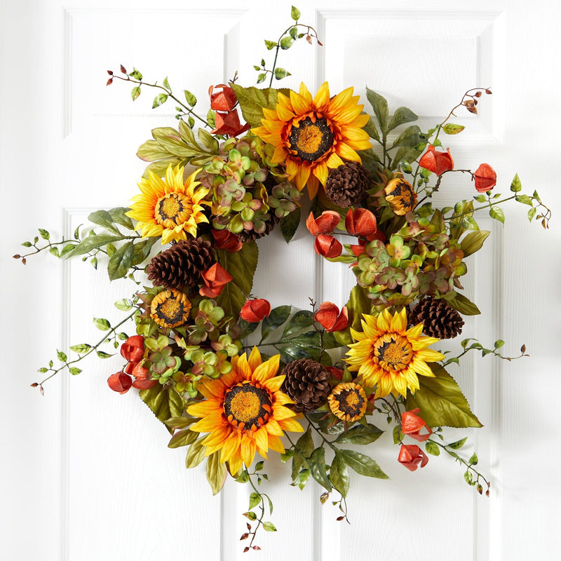 26” Fall Hydrangea, Sunflower and Pinecones Artificial Autumn Wreath