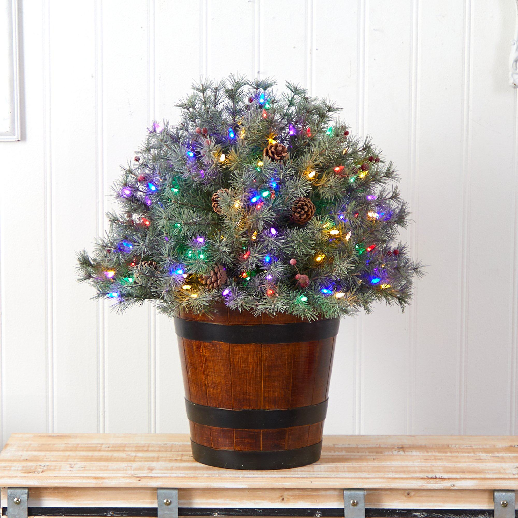 26” Flocked Shrub with Pinecones, 150 Multicolored LED Lights and 280 Branches in Planter