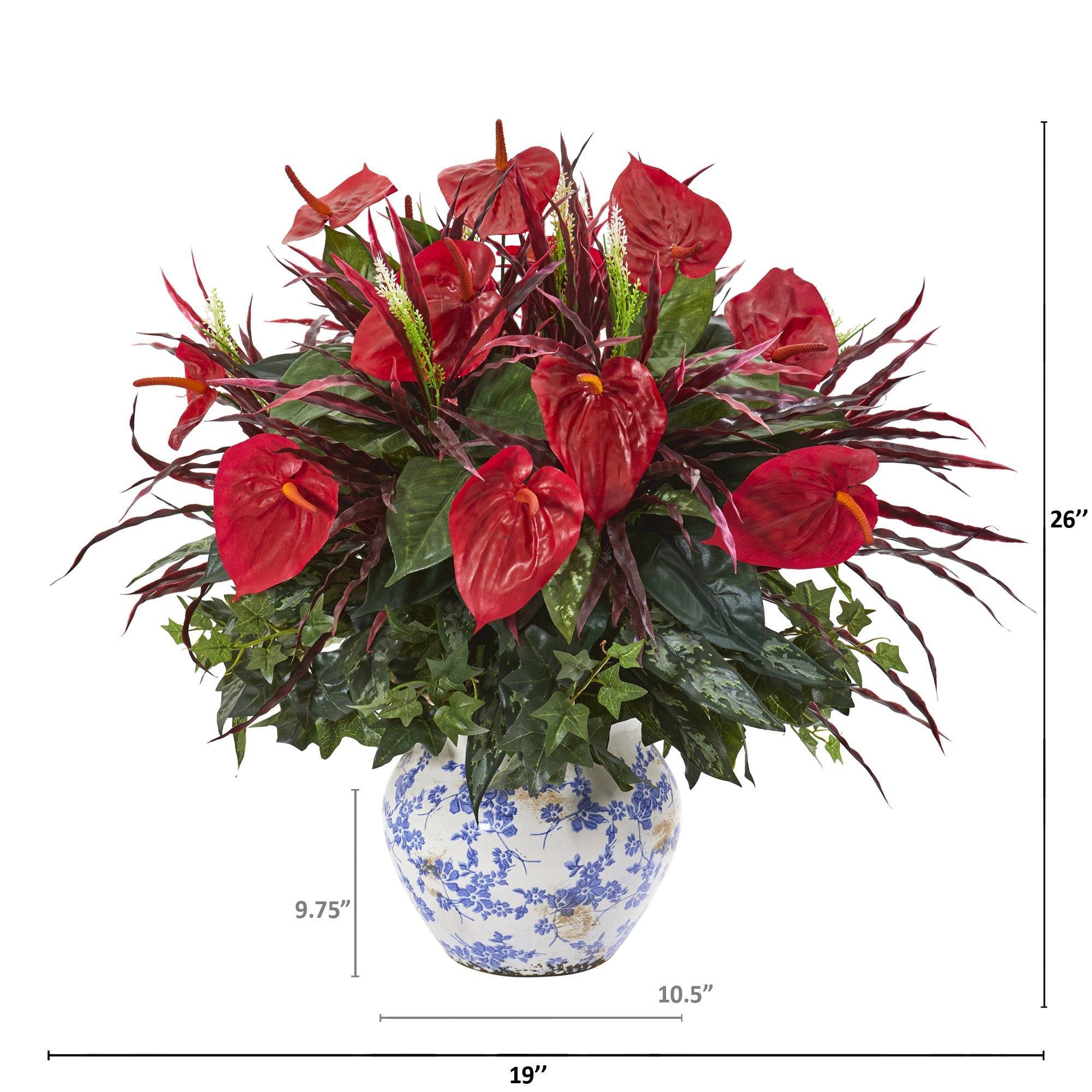 26” Mixed Anthurium Artificial Plant in Vintage Floral Planter