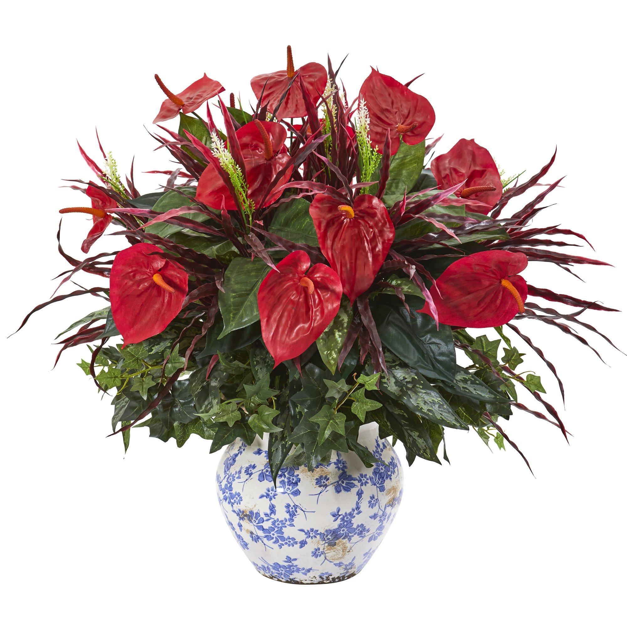 26” Mixed Anthurium Artificial Plant in Vintage Floral Planter