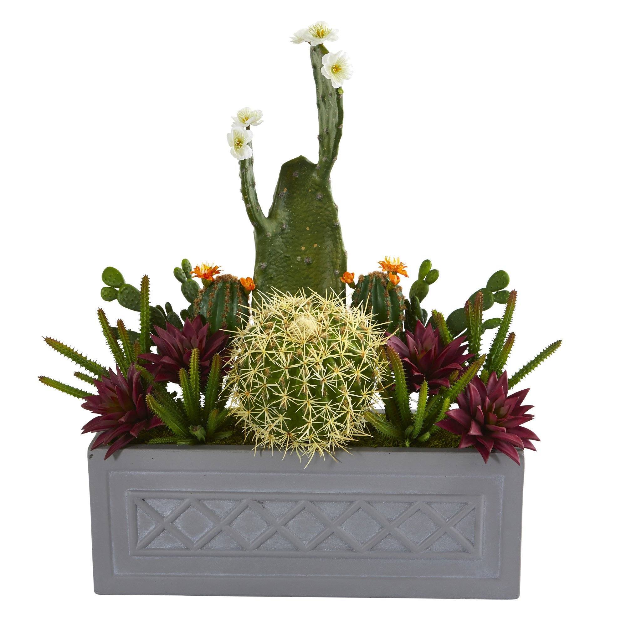26” Mixed Cactus Succulent Artificial Plant in Stone Planter