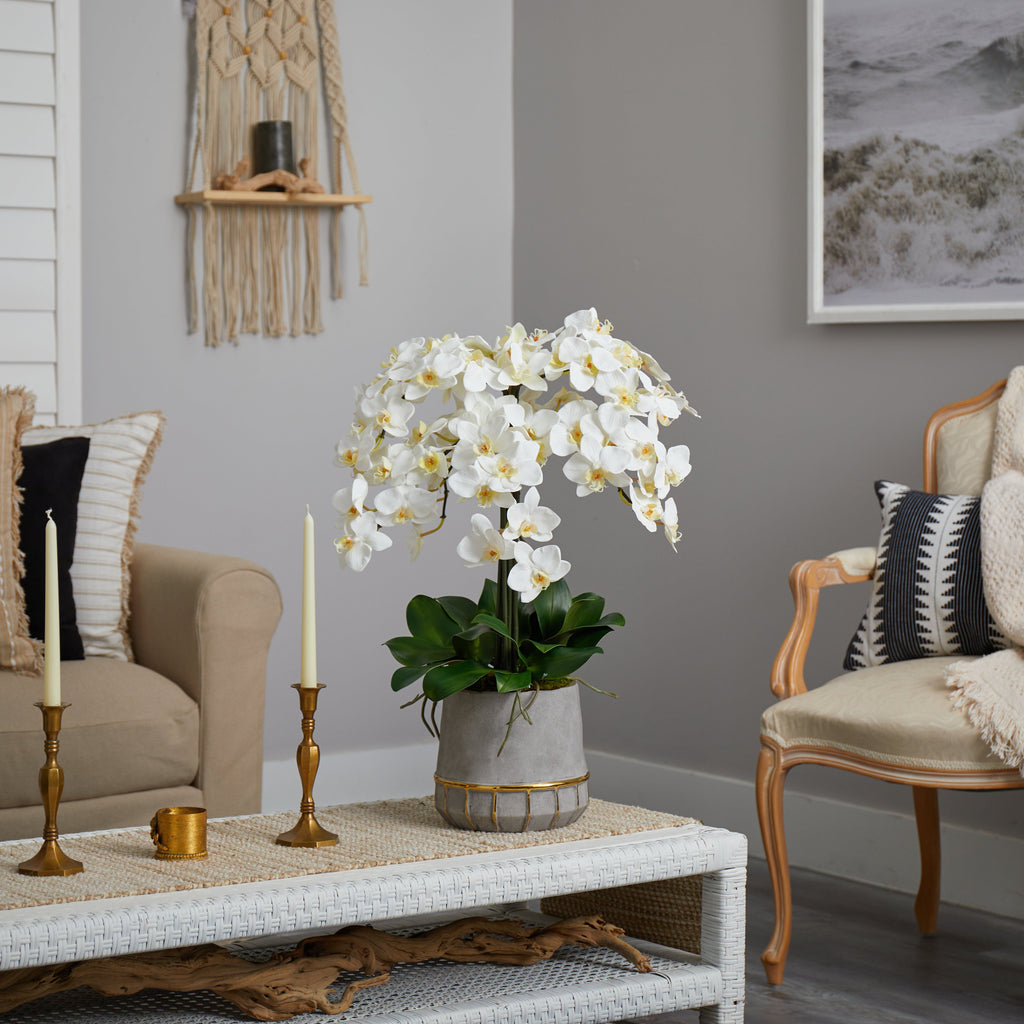 26” Phalaenopsis Orchid Artificial Arrangement in Stoneware Vase with Gold Trimming