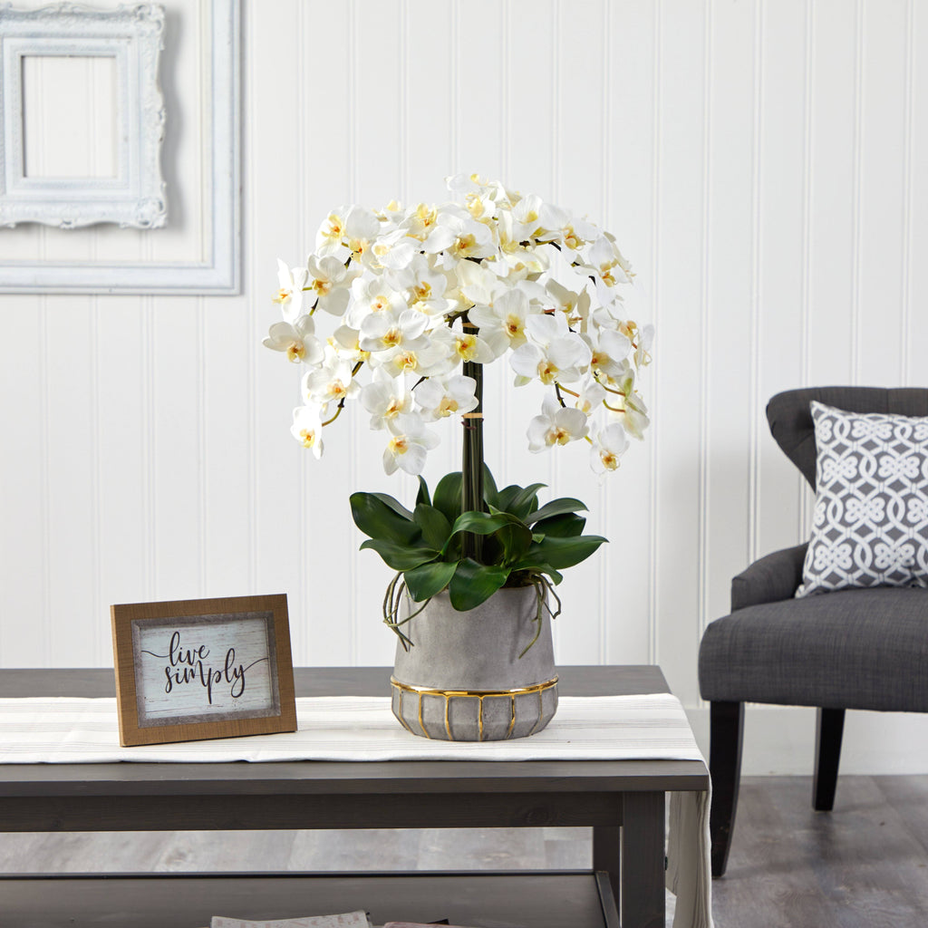 26” Phalaenopsis Orchid Artificial Arrangement in Stoneware Vase with Gold Trimming
